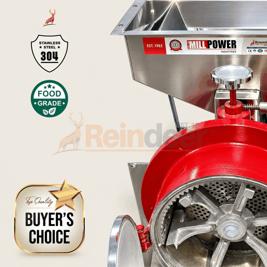 Prix de l'atta chakki de 100 kg par heure - gros plan du trémie en inox - Reindeer Machinery